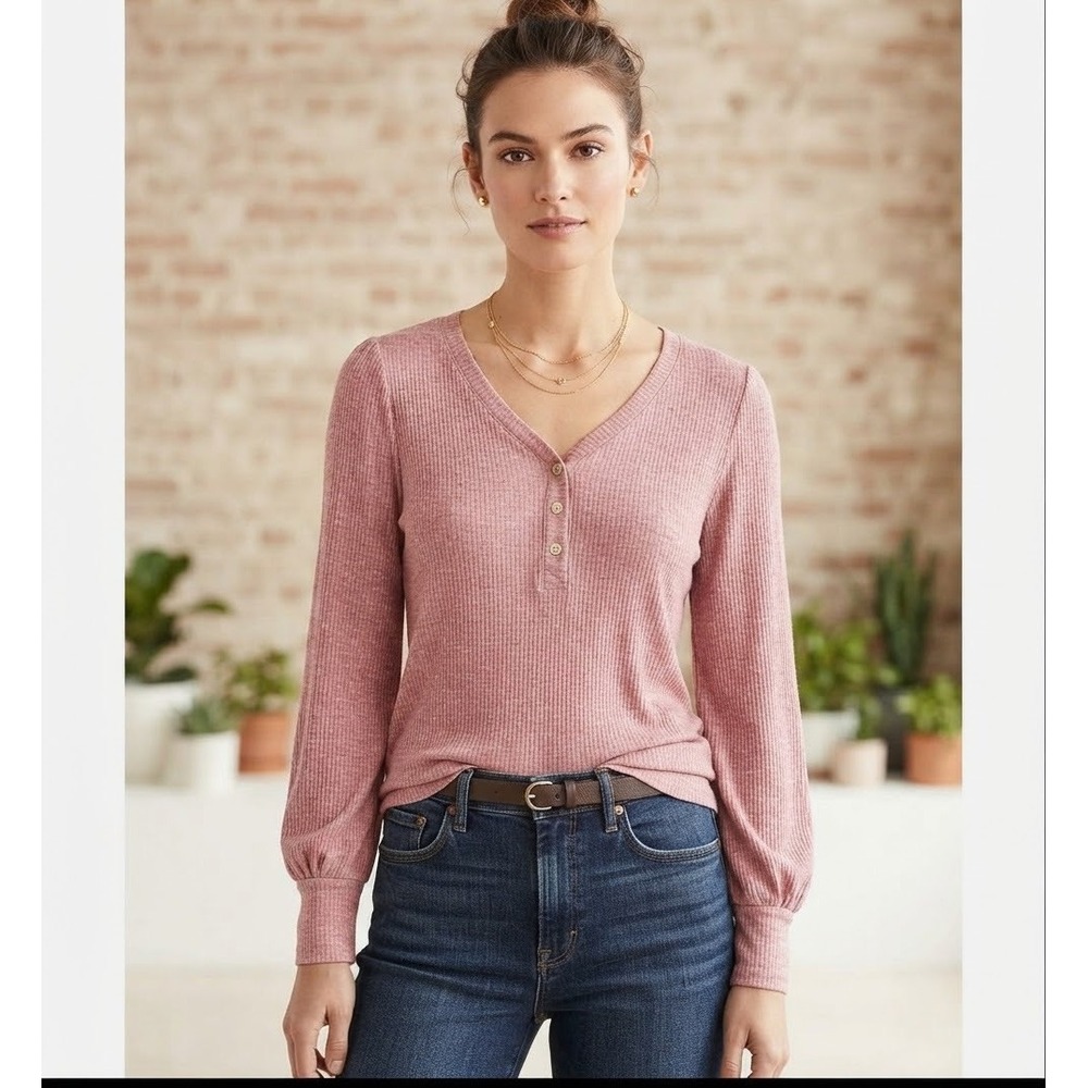 LOFT Women’s Petite L Salmon Pink Stripe V Neck Button Pullover Sweater Preppy - Picture 1 of 9